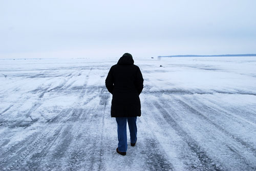 Walking towards the fishermen, Lake Simcoe, January 17, 2010
